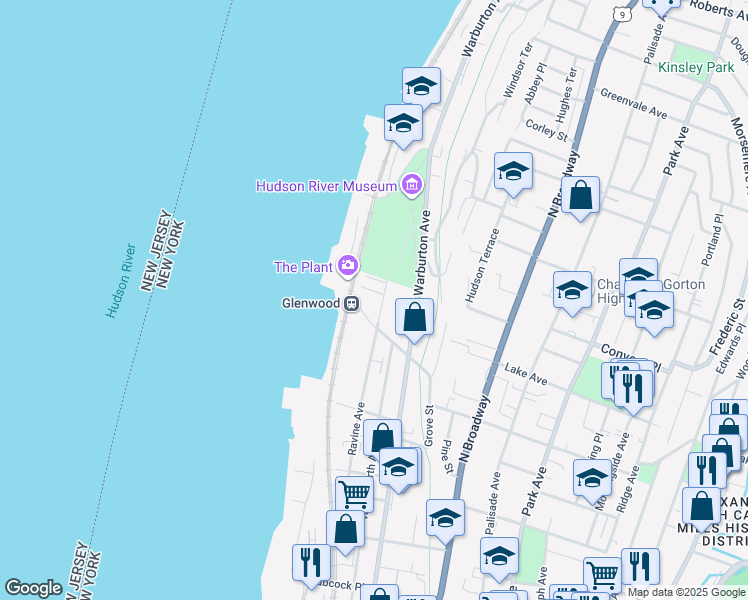 map of restaurants, bars, coffee shops, grocery stores, and more near 1 Glenwood Avenue in Yonkers