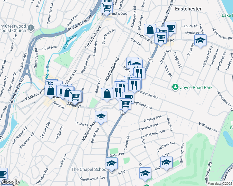 map of restaurants, bars, coffee shops, grocery stores, and more near 69 New Street in Eastchester