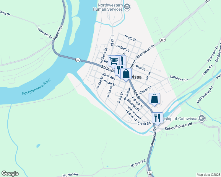 map of restaurants, bars, coffee shops, grocery stores, and more near South 3rd Street in Catawissa