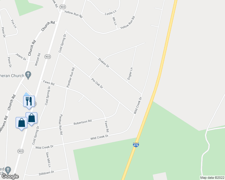 map of restaurants, bars, coffee shops, grocery stores, and more near 104 Drakes Drive in Jim Thorpe