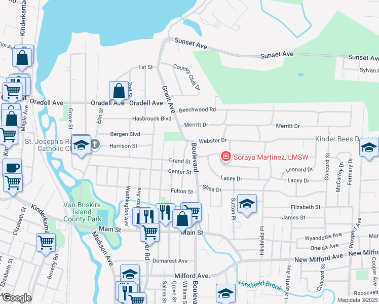 map of restaurants, bars, coffee shops, grocery stores, and more near 283 Webster Drive in New Milford