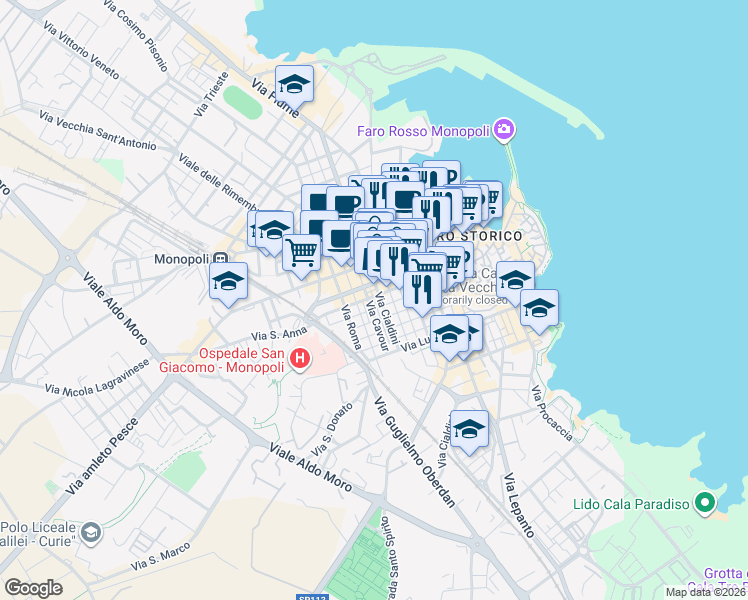 map of restaurants, bars, coffee shops, grocery stores, and more near 15 Via Cialdini in Monopoli