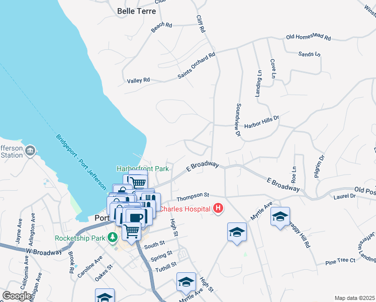 map of restaurants, bars, coffee shops, grocery stores, and more near 7 Buena Vista Road in Port Jefferson