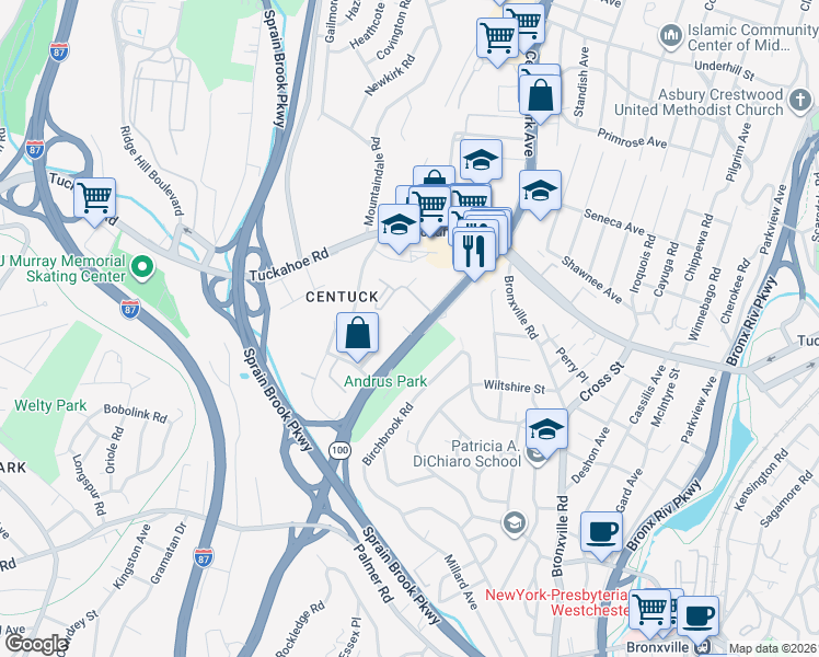 map of restaurants, bars, coffee shops, grocery stores, and more near 1511 Central Park Avenue in Yonkers