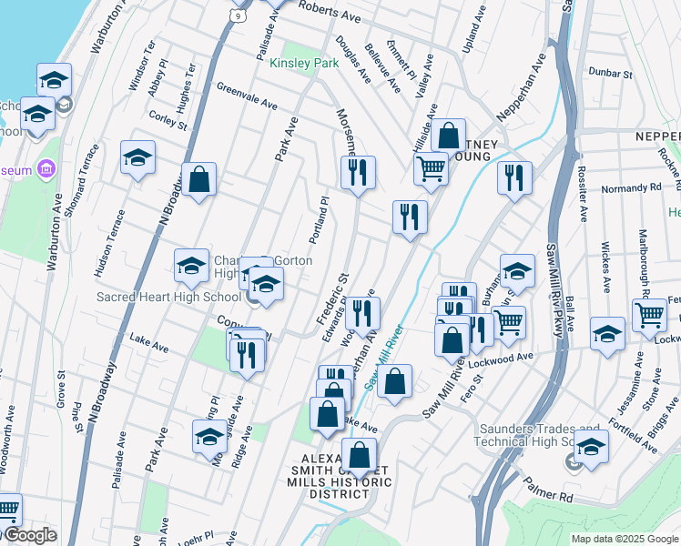 map of restaurants, bars, coffee shops, grocery stores, and more near 354 Sommerville Place in Yonkers