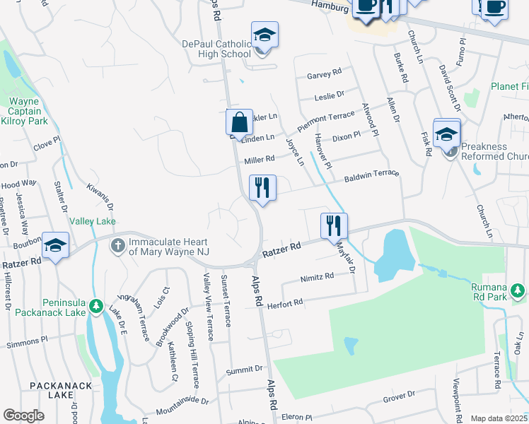 map of restaurants, bars, coffee shops, grocery stores, and more near 1292 Alps Road in Wayne