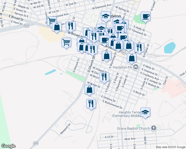 map of restaurants, bars, coffee shops, grocery stores, and more near 126-128 North Lee Court in Hazleton