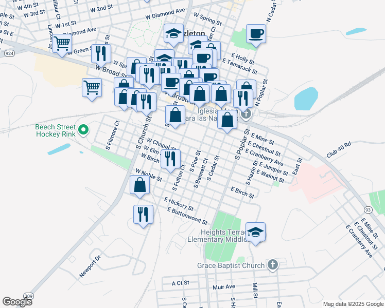 map of restaurants, bars, coffee shops, grocery stores, and more near 114 South Pine Street in Hazleton