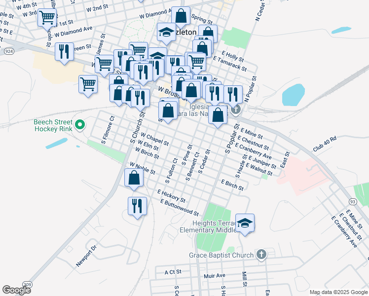 map of restaurants, bars, coffee shops, grocery stores, and more near 114 South Pine Street in Hazleton