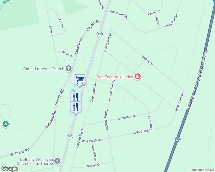 map of restaurants, bars, coffee shops, grocery stores, and more near 34 Panther Run Road in Jim Thorpe