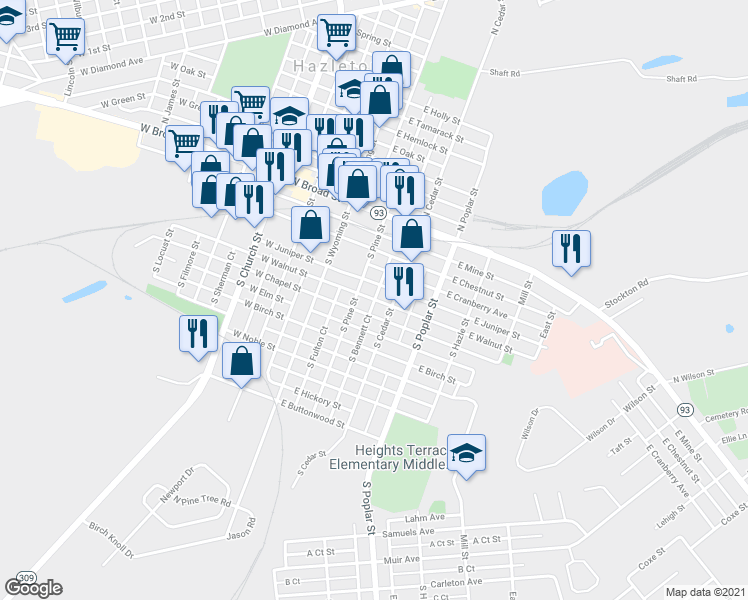 map of restaurants, bars, coffee shops, grocery stores, and more near 100 South Bennett Court in Hazleton