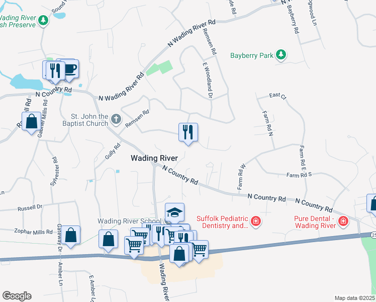 map of restaurants, bars, coffee shops, grocery stores, and more near in Wading River