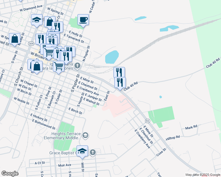 map of restaurants, bars, coffee shops, grocery stores, and more near 536 East Broad Street in Hazleton