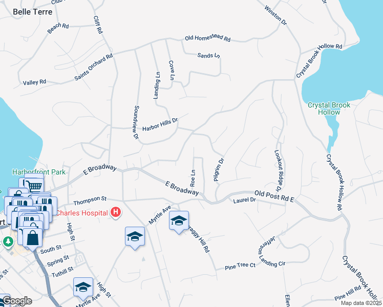 map of restaurants, bars, coffee shops, grocery stores, and more near 35 Pilgrim Drive in Port Jefferson