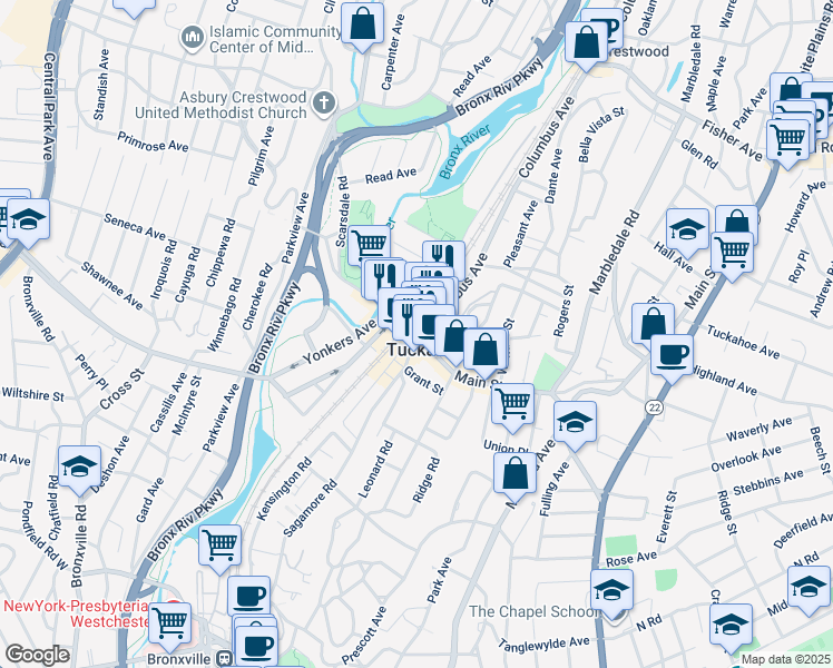 map of restaurants, bars, coffee shops, grocery stores, and more near 21 Columbus Avenue in Tuckahoe