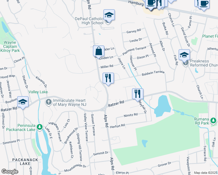 map of restaurants, bars, coffee shops, grocery stores, and more near 1292 Alps Road in Wayne