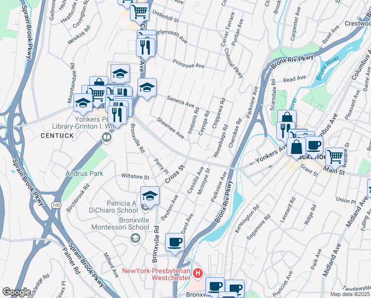 map of restaurants, bars, coffee shops, grocery stores, and more near 11 Iroquois Road in Yonkers