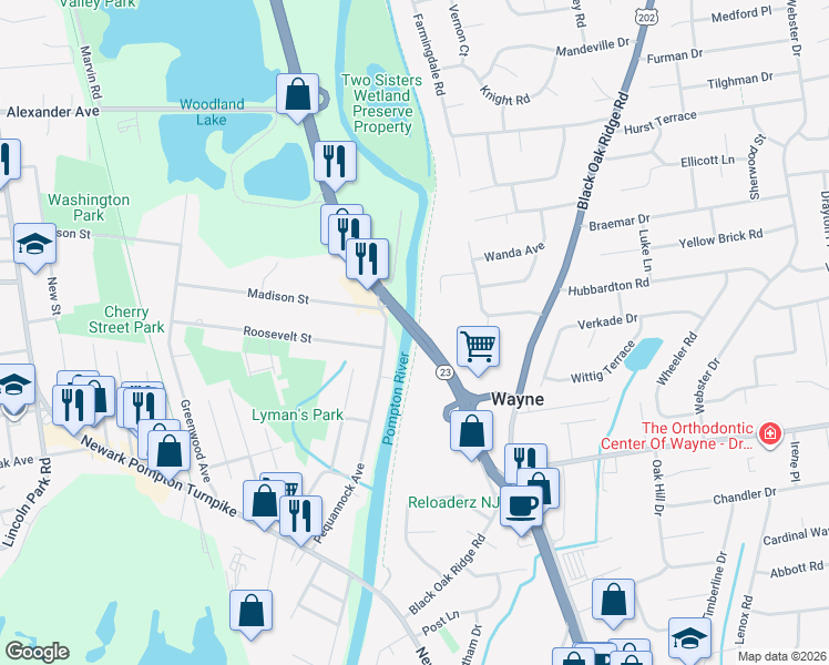 map of restaurants, bars, coffee shops, grocery stores, and more near Highway 23 in Wayne