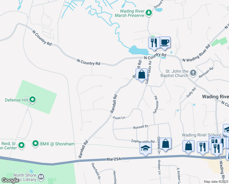 map of restaurants, bars, coffee shops, grocery stores, and more near 38 Randall Road in Wading River