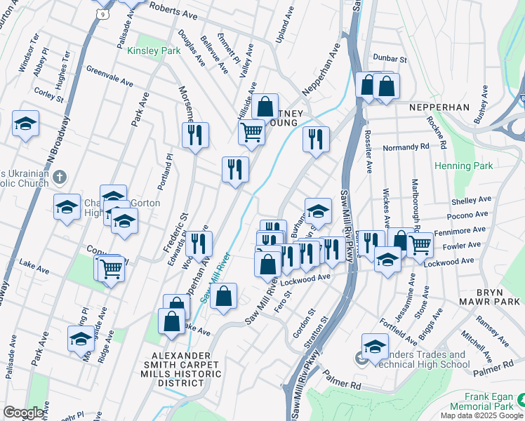 map of restaurants, bars, coffee shops, grocery stores, and more near in Yonkers