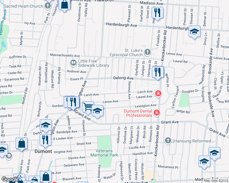 map of restaurants, bars, coffee shops, grocery stores, and more near 22 Harding Avenue in Dumont