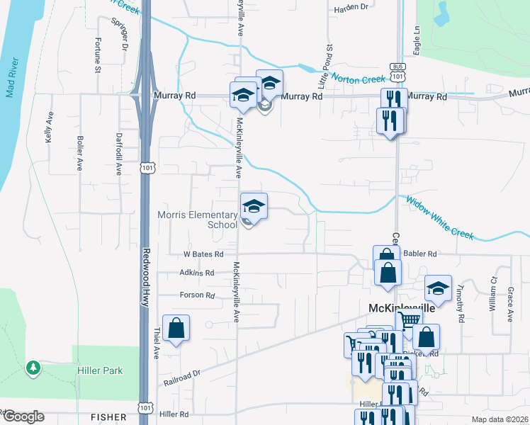 map of restaurants, bars, coffee shops, grocery stores, and more near 1285 Fernwood Drive in McKinleyville