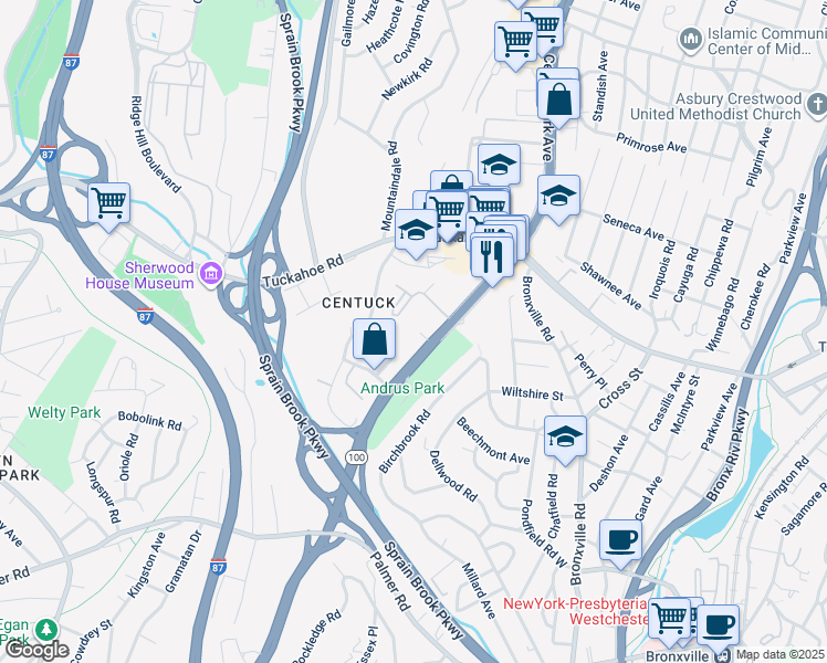 map of restaurants, bars, coffee shops, grocery stores, and more near 1511 Central Park Avenue in Yonkers