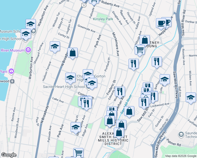 map of restaurants, bars, coffee shops, grocery stores, and more near 33 Portland Place in Yonkers
