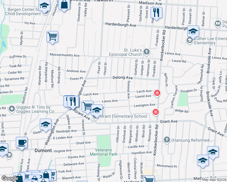 map of restaurants, bars, coffee shops, grocery stores, and more near 22 Harding Avenue in Dumont
