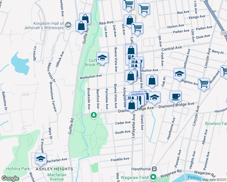 map of restaurants, bars, coffee shops, grocery stores, and more near 65 McKinley Avenue in Hawthorne