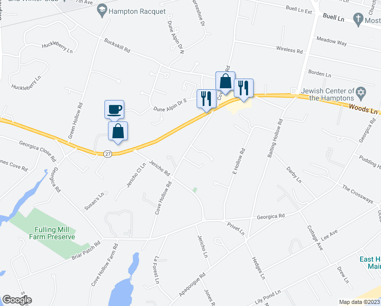 map of restaurants, bars, coffee shops, grocery stores, and more near 182 Cove Hollow Road in East Hampton
