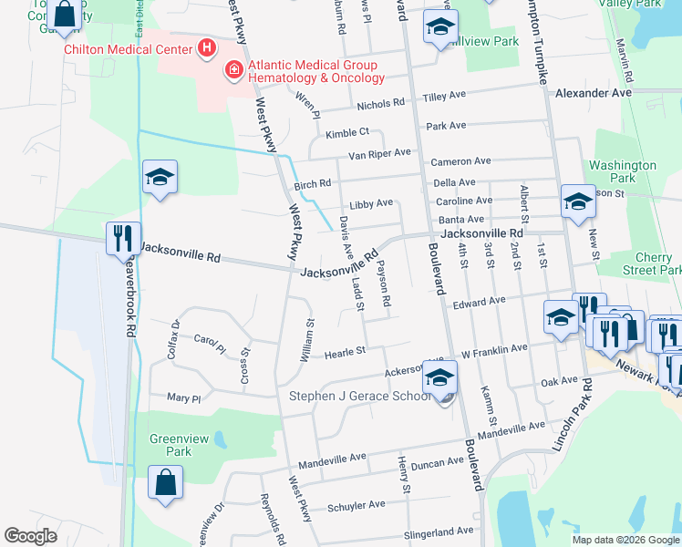 map of restaurants, bars, coffee shops, grocery stores, and more near 2 Chalen Court in Pequannock Township