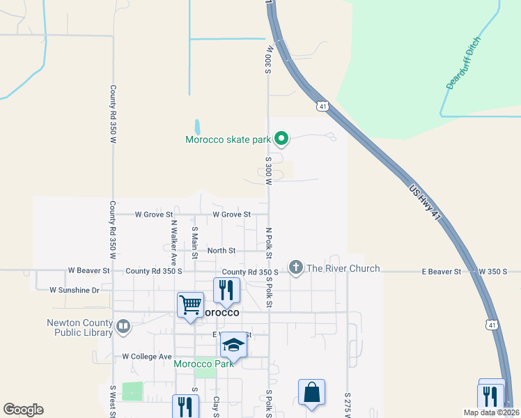 map of restaurants, bars, coffee shops, grocery stores, and more near 510 North Polk Street in Morocco