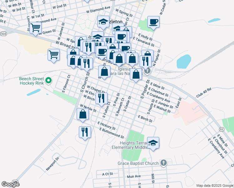 map of restaurants, bars, coffee shops, grocery stores, and more near 104 South Pine Street in Hazleton