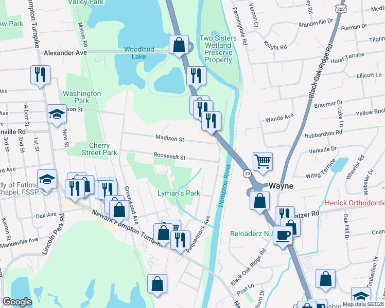 map of restaurants, bars, coffee shops, grocery stores, and more near 22 Roosevelt St in Pequannock Township