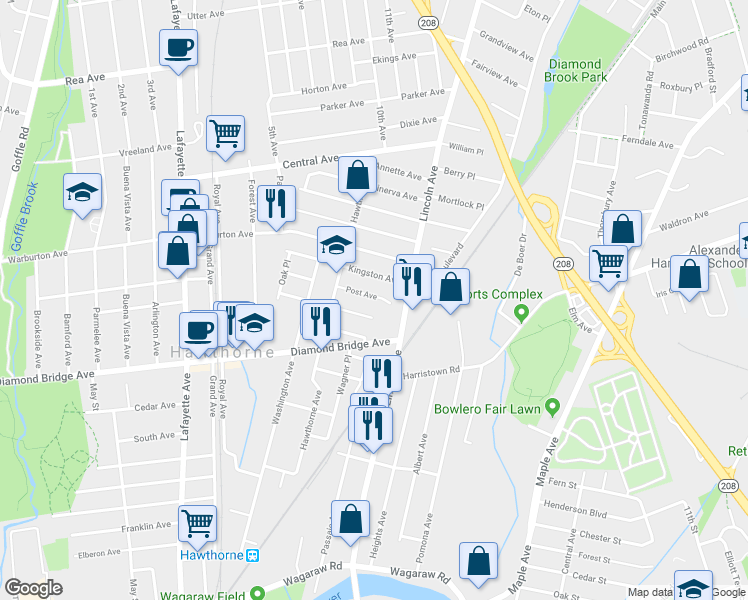 map of restaurants, bars, coffee shops, grocery stores, and more near 116 Post Avenue in Hawthorne