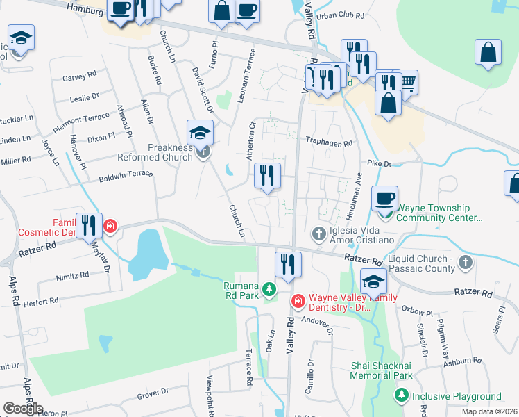 map of restaurants, bars, coffee shops, grocery stores, and more near 95 Manchester Court in Wayne