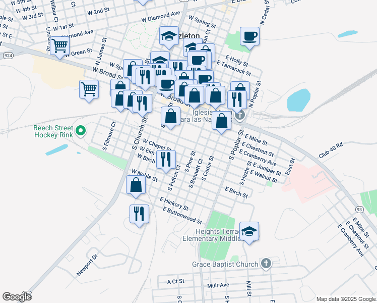 map of restaurants, bars, coffee shops, grocery stores, and more near 104 South Pine Street in Hazleton