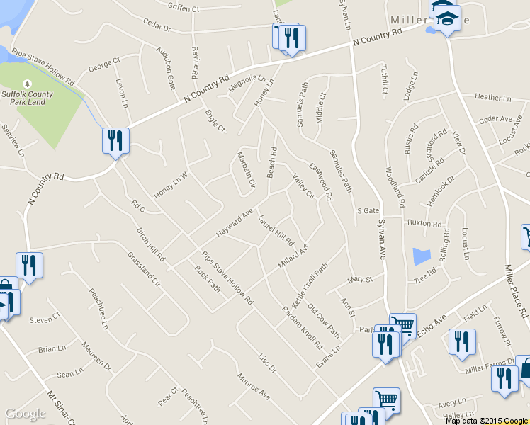 map of restaurants, bars, coffee shops, grocery stores, and more near 17 Hayward Ave in Miller Place