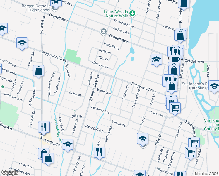 map of restaurants, bars, coffee shops, grocery stores, and more near 255 Morris Street in Oradell