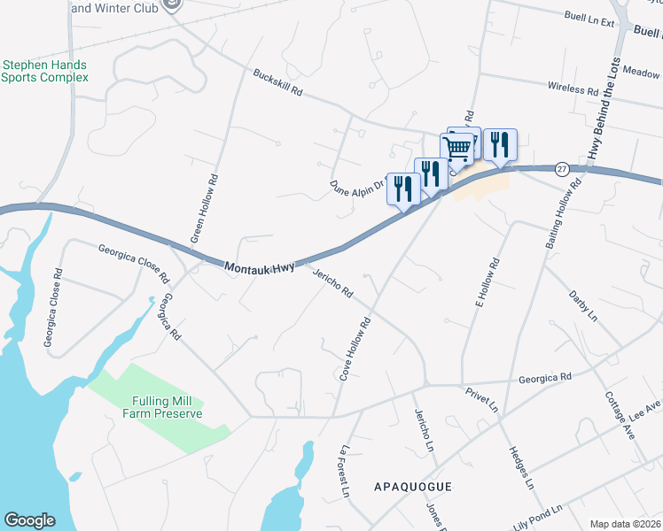 map of restaurants, bars, coffee shops, grocery stores, and more near 130 Montauk Highway in East Hampton
