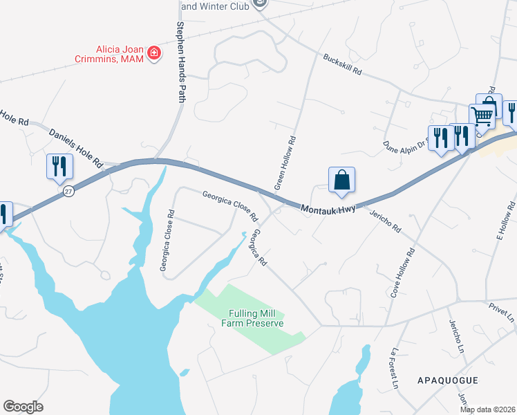 map of restaurants, bars, coffee shops, grocery stores, and more near 340 Georgica Road in East Hampton