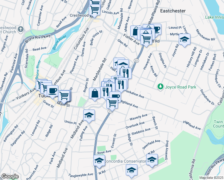 map of restaurants, bars, coffee shops, grocery stores, and more near 255 Main Street in Eastchester