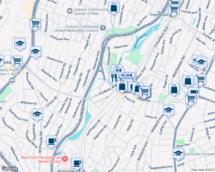 map of restaurants, bars, coffee shops, grocery stores, and more near 21 Scarsdale Road in Yonkers