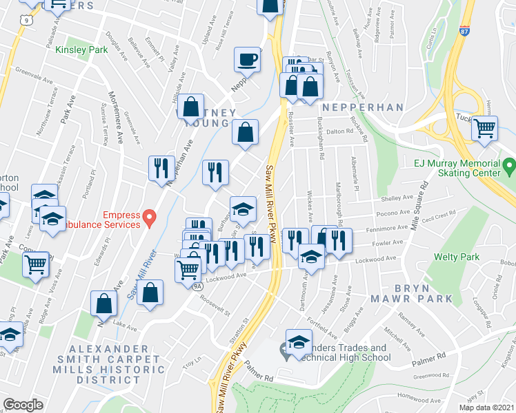 map of restaurants, bars, coffee shops, grocery stores, and more near 103 Colin Street in Yonkers