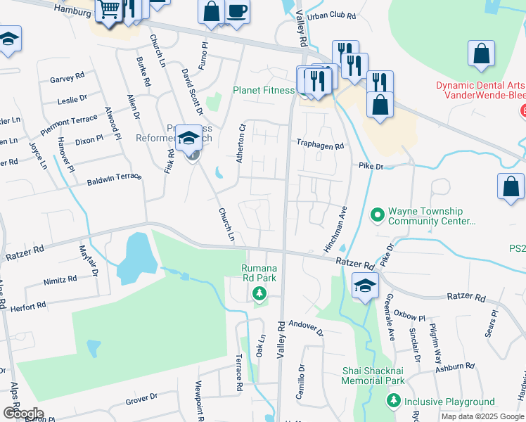 map of restaurants, bars, coffee shops, grocery stores, and more near 95 Manchester Court in Wayne