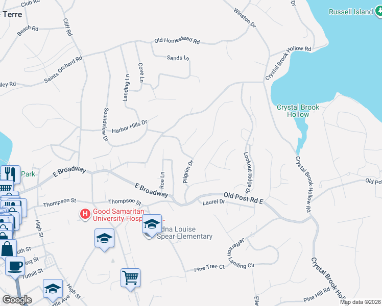 map of restaurants, bars, coffee shops, grocery stores, and more near 102 Alden Drive in Port Jefferson
