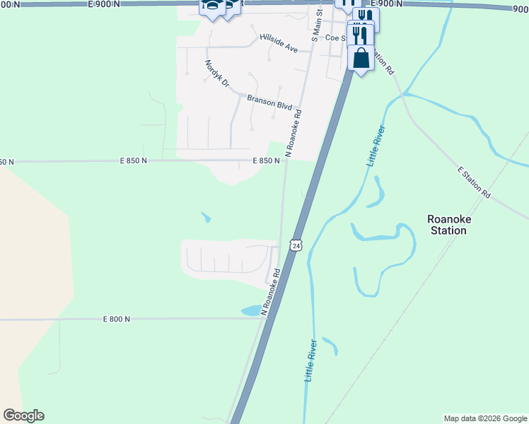 map of restaurants, bars, coffee shops, grocery stores, and more near 8384 North Roanoke Road in Roanoke