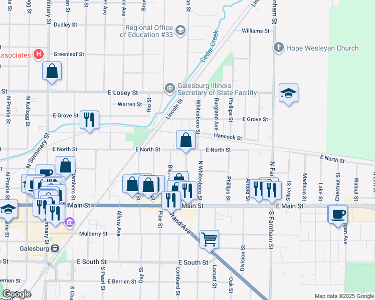 map of restaurants, bars, coffee shops, grocery stores, and more near 299 Duffield Ave in Galesburg