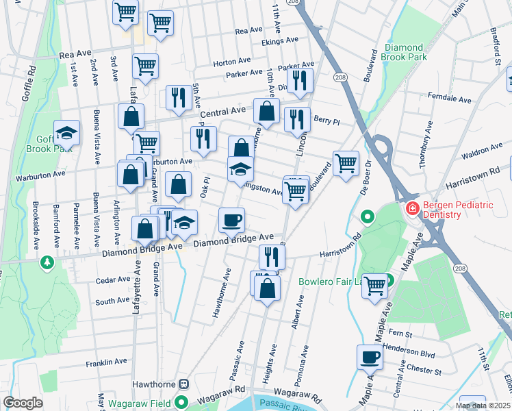 map of restaurants, bars, coffee shops, grocery stores, and more near 100 Post Avenue in Hawthorne